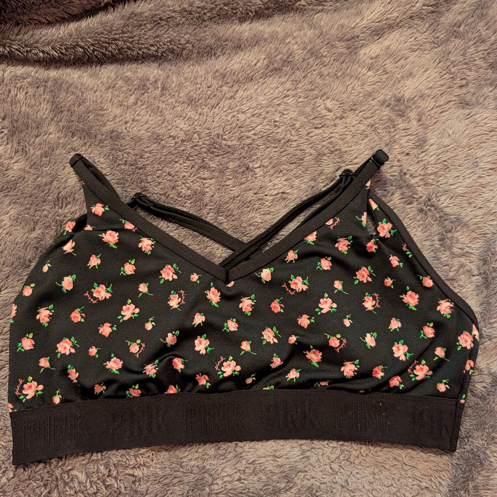 NWT PINK Victoria's Secret Black Floral Sports Bra-Size LG
